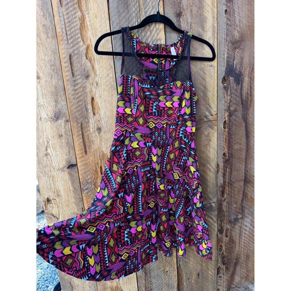 Geometric Fit and‎ Flare Dress Womens Medium Festival Rave Tribal Aztec Y2K